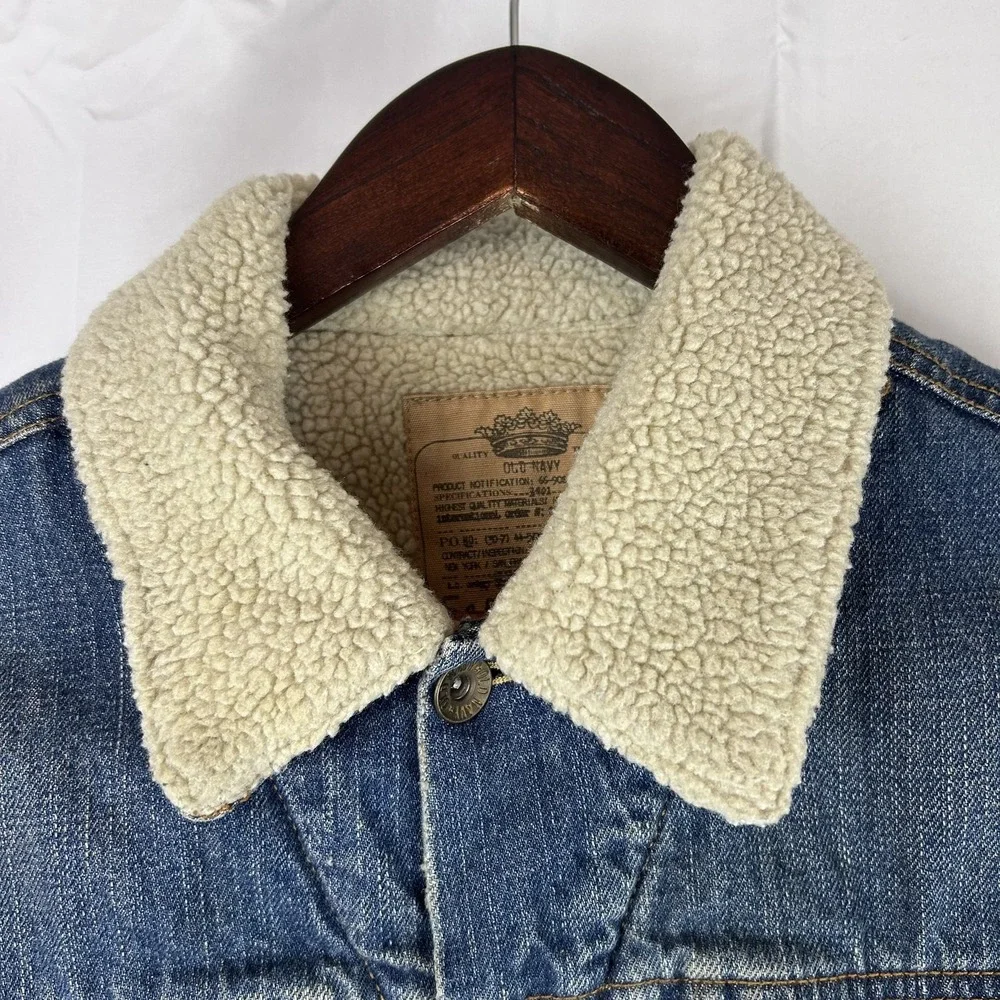 Old Navy Jacket Youth Medium Sherpa Lined Denim Trucker Shearling‎ Collar Warm